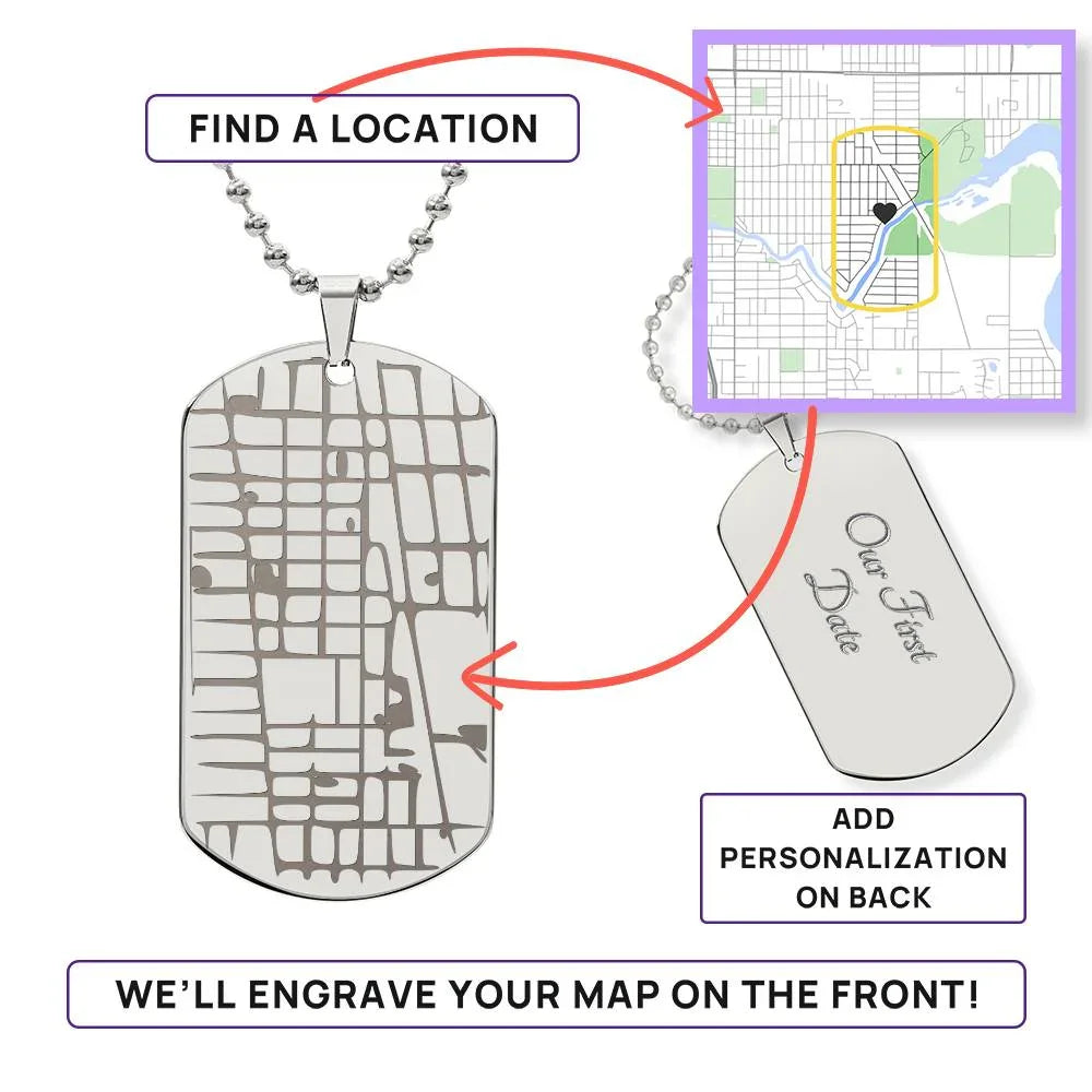 The "Unforgettable Coordinates" Engraved Dog Tag Map Necklace
