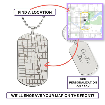 The "Unforgettable Coordinates" Engraved Dog Tag Map Necklace