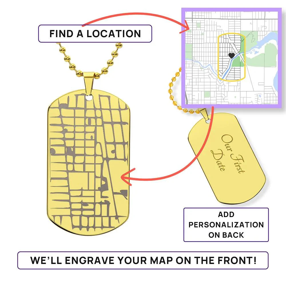 The "Unforgettable Coordinates" Engraved Dog Tag Map Necklace