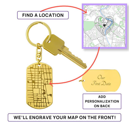 Engraved Dog Tag Keychain with Map Feature