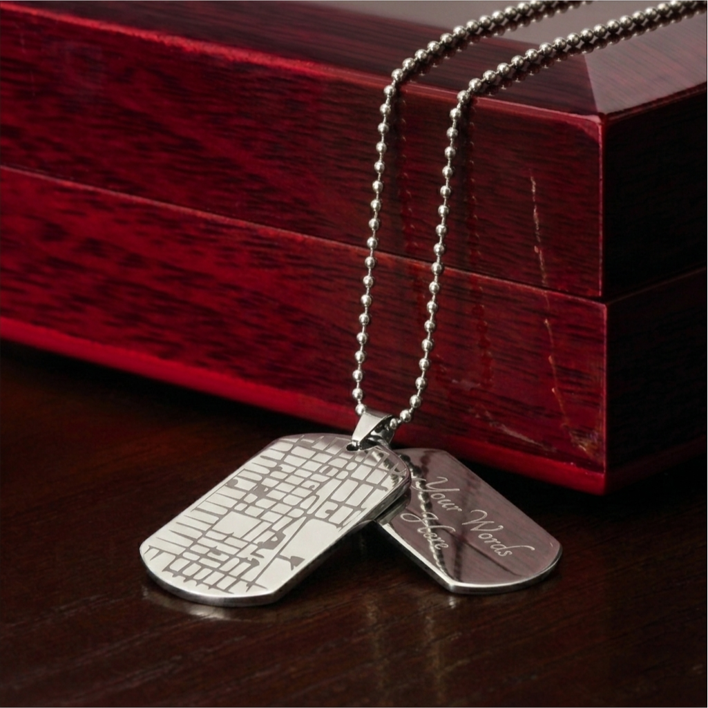 The "Unforgettable Coordinates" Engraved Dog Tag Map Necklace